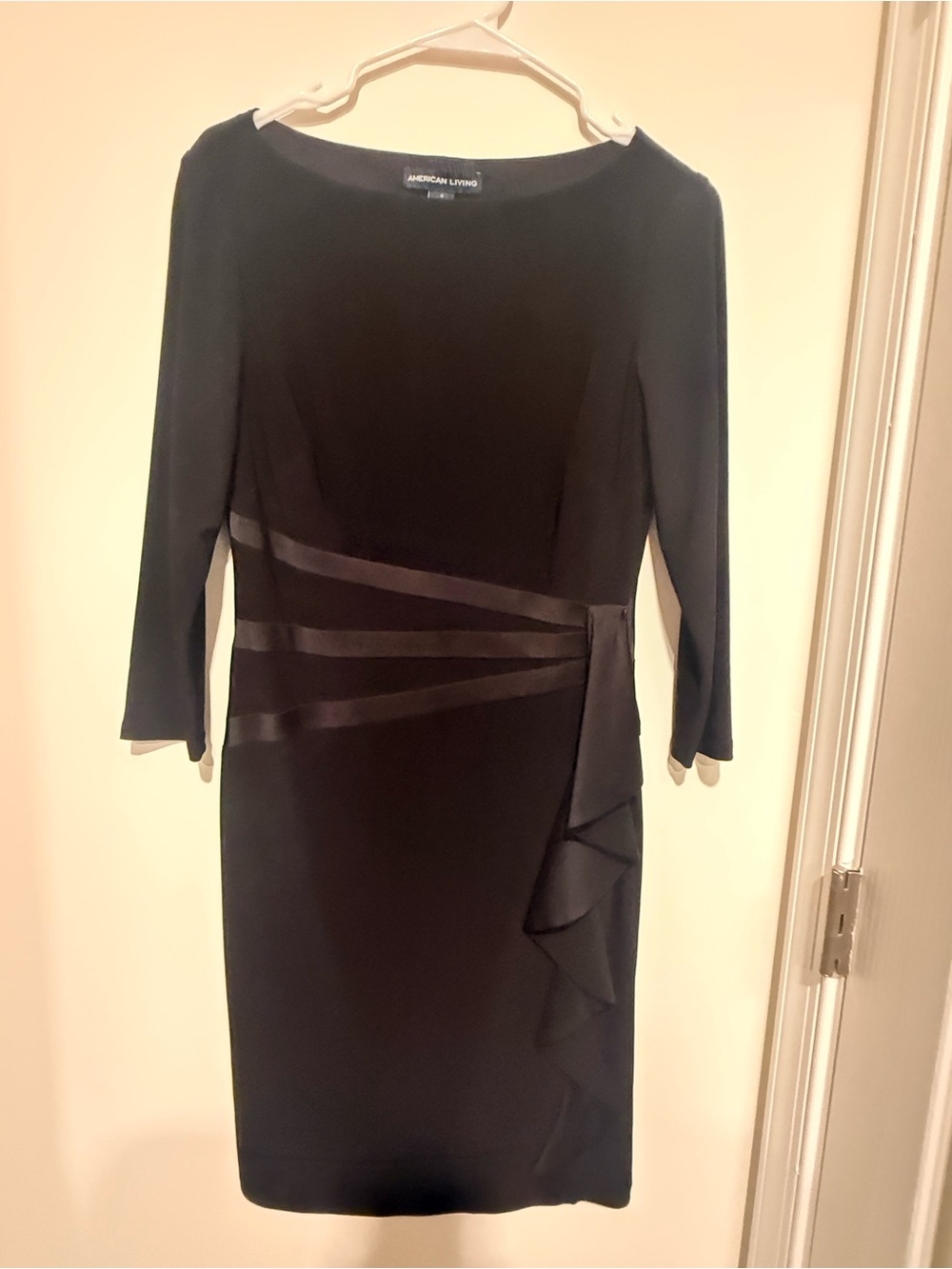 American Living Black Long Sleeve Sheath Dress with Side Ruffle Detail